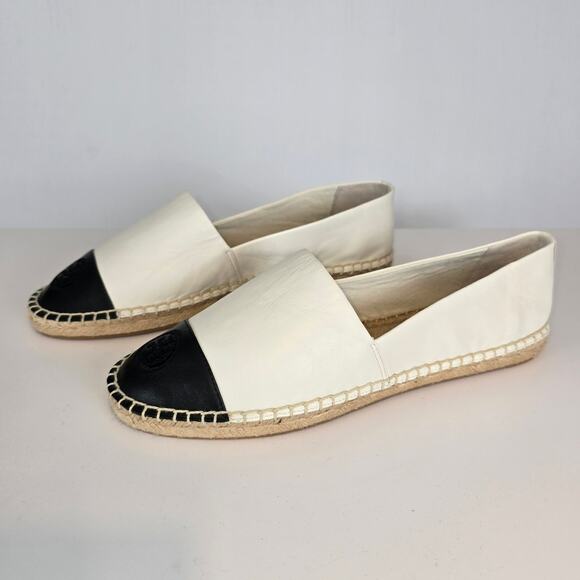 Tory Burch Black White Colorblock Espadrilles Flat Leather Upper Size 10.5 SEE - Picture 5 of 12